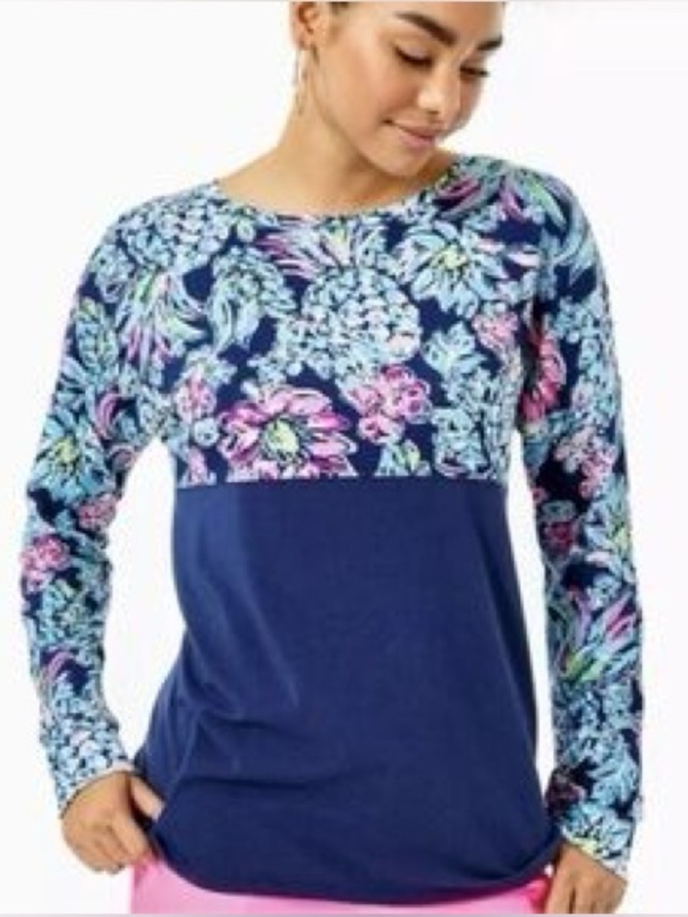 Lilly Pulitzer Finn Top Pineapple Paradise High Tide Navy Long Sleeve Floral